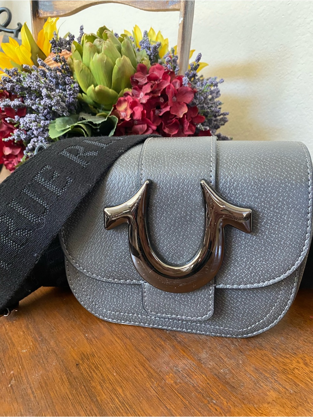 True Religion Horshoe Crossbody Bag, Mini Flap Adjustable Shoulder Handbag Gray